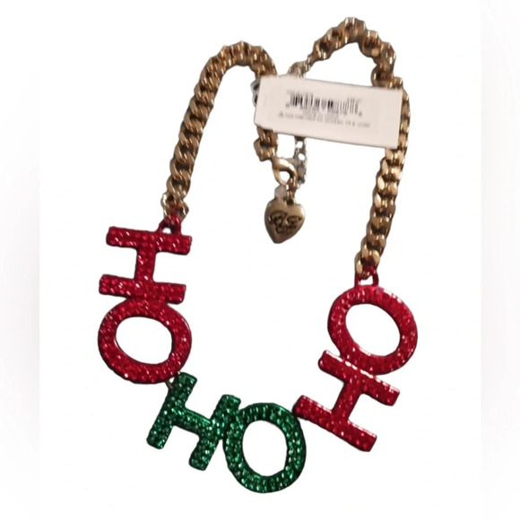 BETSEY JOHNSON Christmas Holiday HO HO HO’ Festive Sparkle Santa Necklace NWT - Picture 1 of 7
